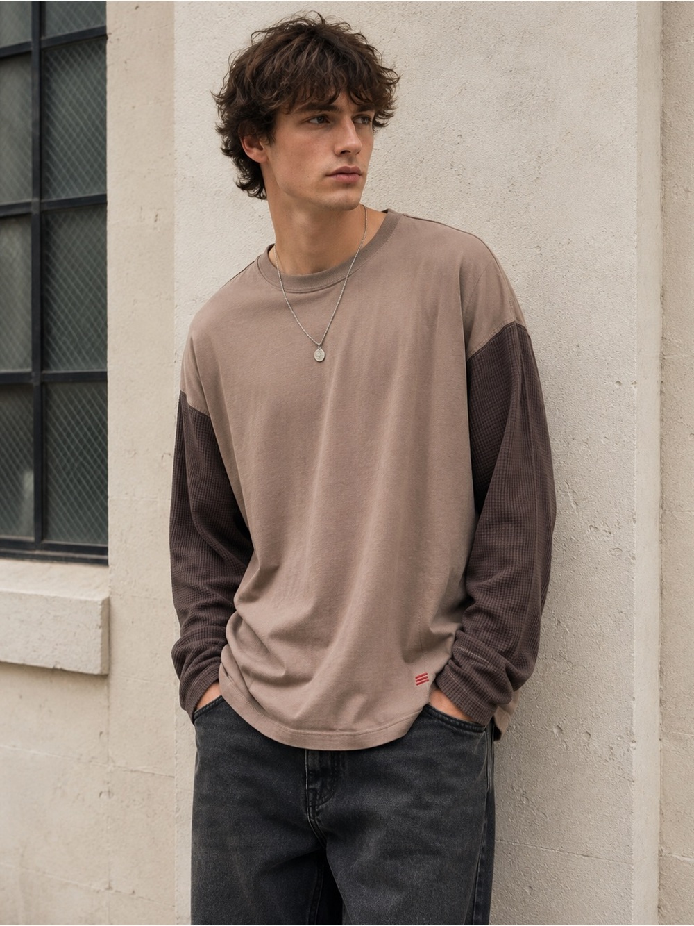BDG Urban Outfitters Waffle Sleeve Colorblock Long Sleeve Tee Mauve L
